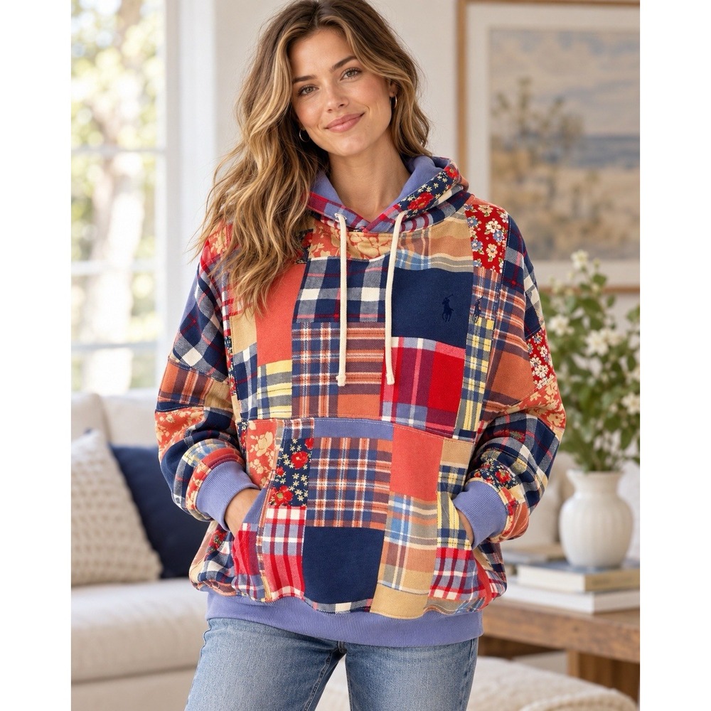 NEW Polo Ralph Lauren Women Patchwork Hoodie M Plaid Floral Oversize Sweatshirt